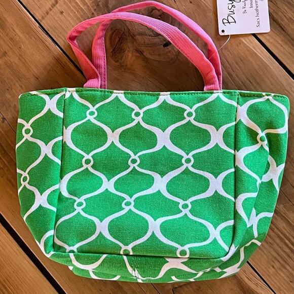 NWT! Busy Bee Insulated Tote Bag/ Lunch Box. Green Geometric print. Pink. - Picture 2 of 8